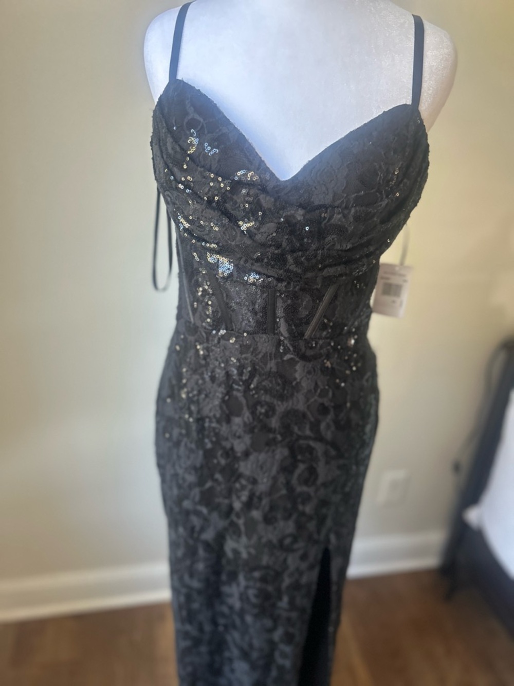 BLONDIE NITES Black Sequin Lace Evening Gown with Spaghetti Straps